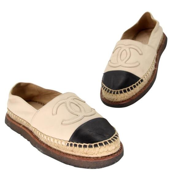 Chanel Espadrille 37 Lambskin Leather Rubber Platform CC Flats CC-0707N-0016 - Picture 1 of 10